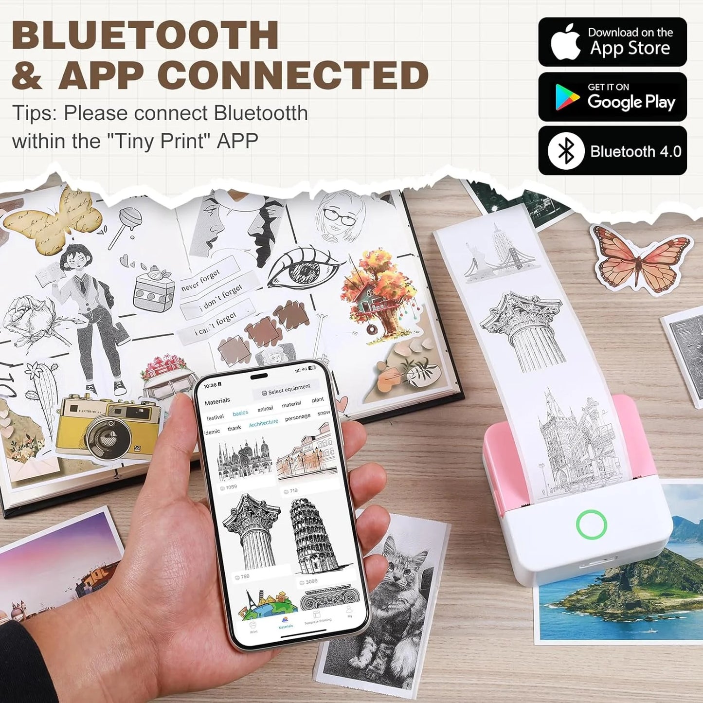 SLOK Thermal Mini Printer, Portable Inkless Bluetooth Sticker Maker with 10 Rolls Paper, Pink