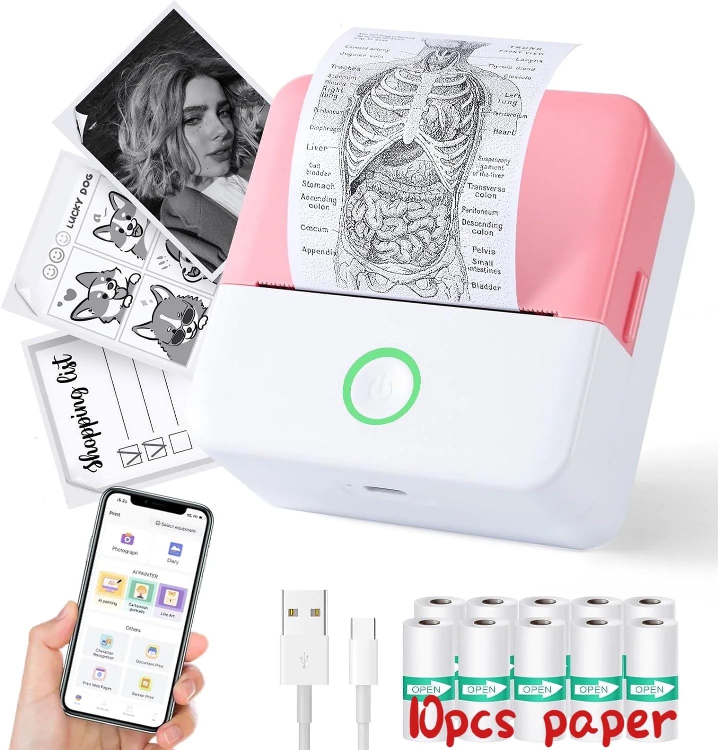 SLOK Thermal Mini Printer, Portable Inkless Bluetooth Sticker Maker with 10 Rolls Paper, Pink