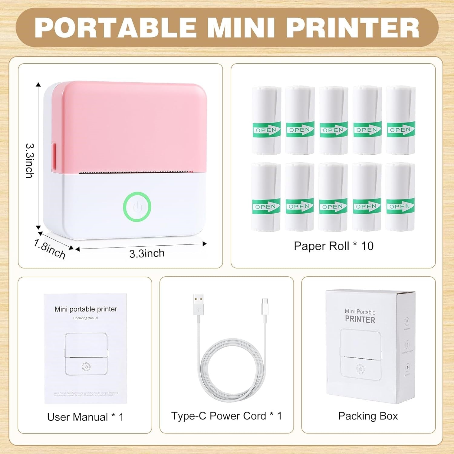 SLOK Thermal Mini Printer, Portable Inkless Bluetooth Sticker Maker with 10 Rolls Paper, Pink